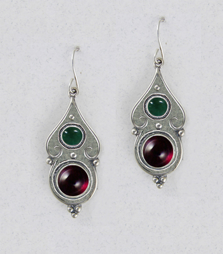 Sterling Silver Gothic Look With Garnet And Fluorite Gemstone Drop Dangle Earrings